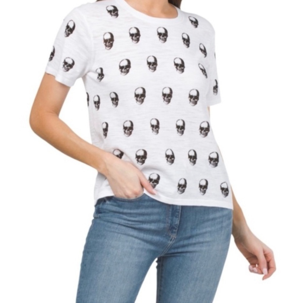 SKULL CASHMERE Susie Skull Print Short Sleeve Crew Neck Tee Tops, White, Medium